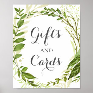 Póster Regalos de hojas verdes y Rótulo de mesa de tarjet