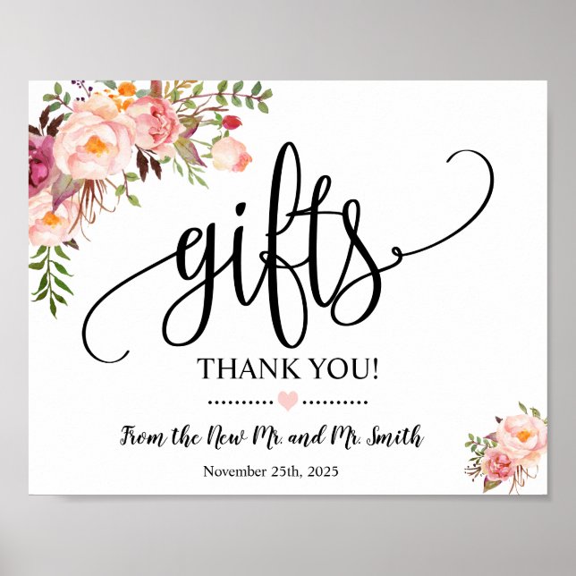 Póster Regalos ducha de señas boda recepción floral rosa (Frente)