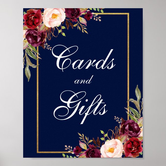 Póster Regalos Floral Burgundy Blue Gold Wedding (Frente)