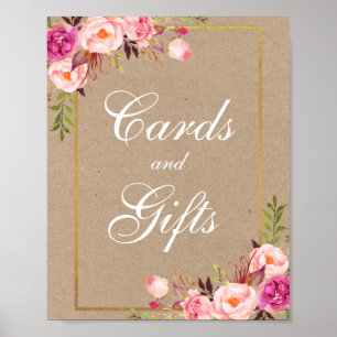 Póster Regalos Kraft Pink Floral Gold Wedding Cards