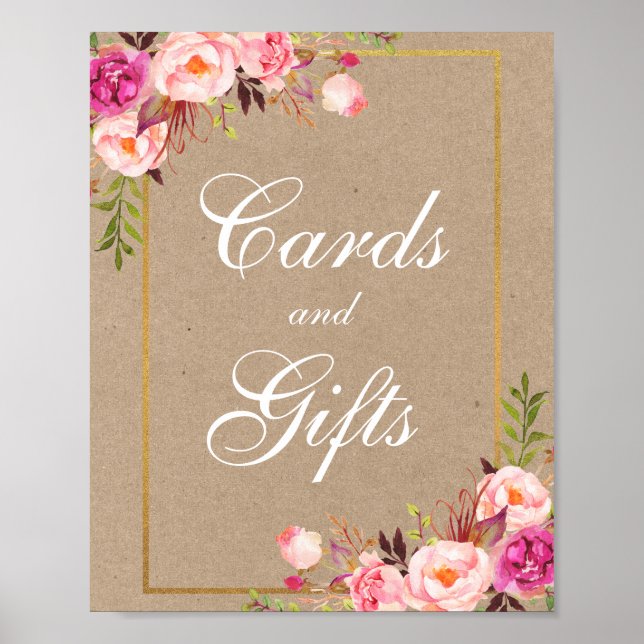 Póster Regalos Kraft Pink Floral Gold Wedding Cards (Frente)