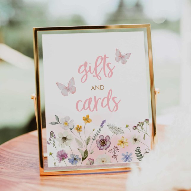 Póster Regalos y tarjetas de Baby Shower de flores silves (Butterfly and Wildflower gifts and cards baby shower sign)