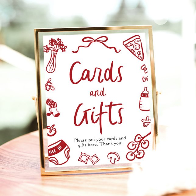 Póster Regalos y tarjetas de pizza italianas dibujadas a  (Modern Hand Drawn Italian Pizza Cards and Gifts Sign)