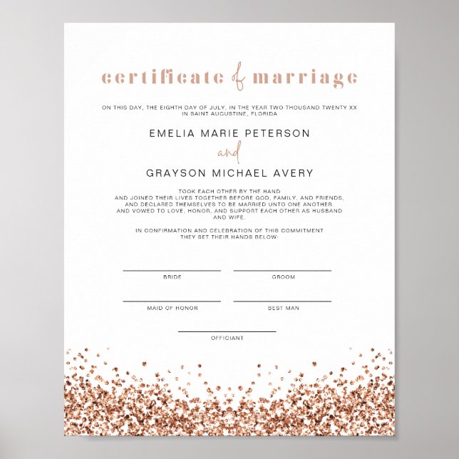 Póster REGINA Glam Rose Gold Marriage Certificate Poster (Frente)