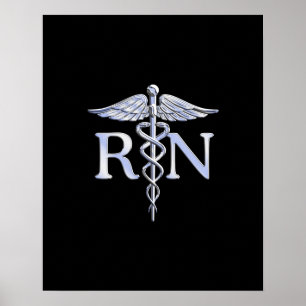 Póster Registered Nurse RN Silver Caduceus on Black
