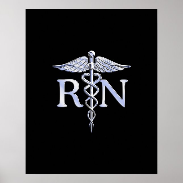 Póster Registered Nurse RN Silver Caduceus on Black (Frente)