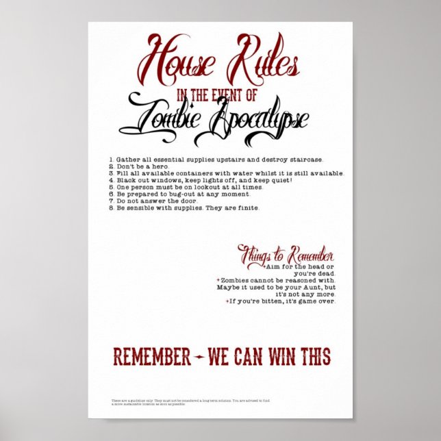 Póster Reglas de la Casa Zombie Apocalypse (Frente)