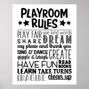 Póster Reglas de la sala de juegos en blanco y negro