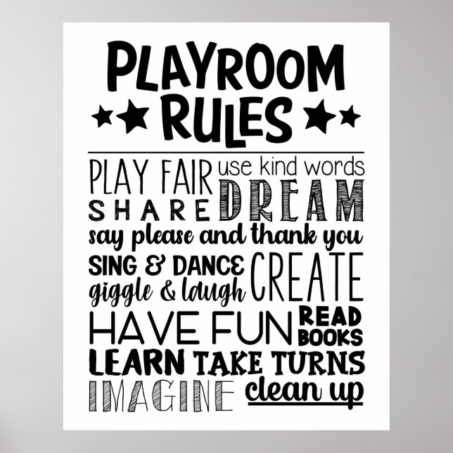 Póster Reglas de la sala de juegos en blanco y negro (Frente)
