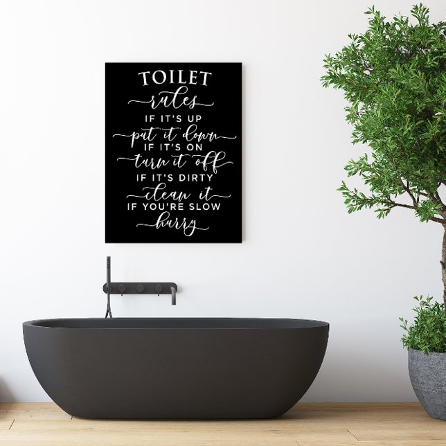 Póster Reglas Divertidas del Inodoro – Texto Blanco Elega (Funny Toilet Rules – Elegant White Text on Black Poster)