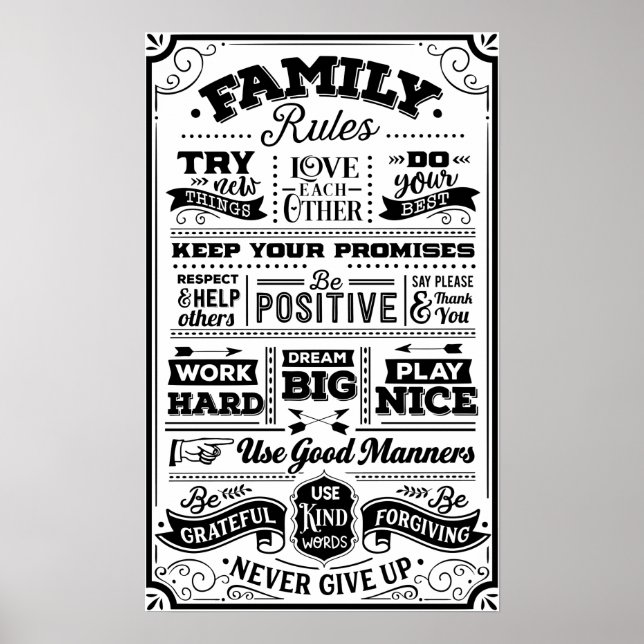 Póster Reglas familiares en blanco y negro (Frente)