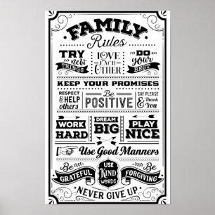 Póster Reglas familiares en blanco y negro