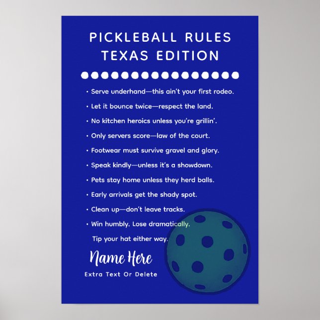 Póster Reglas Personalizadas de Pickleball Edición Texas  (Frente)