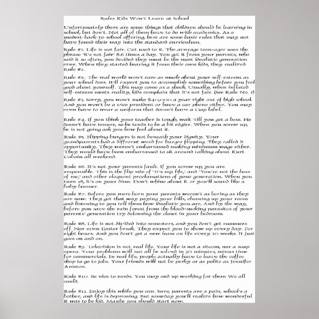 Póster Reglas que los niños no aprenderán (Frente)