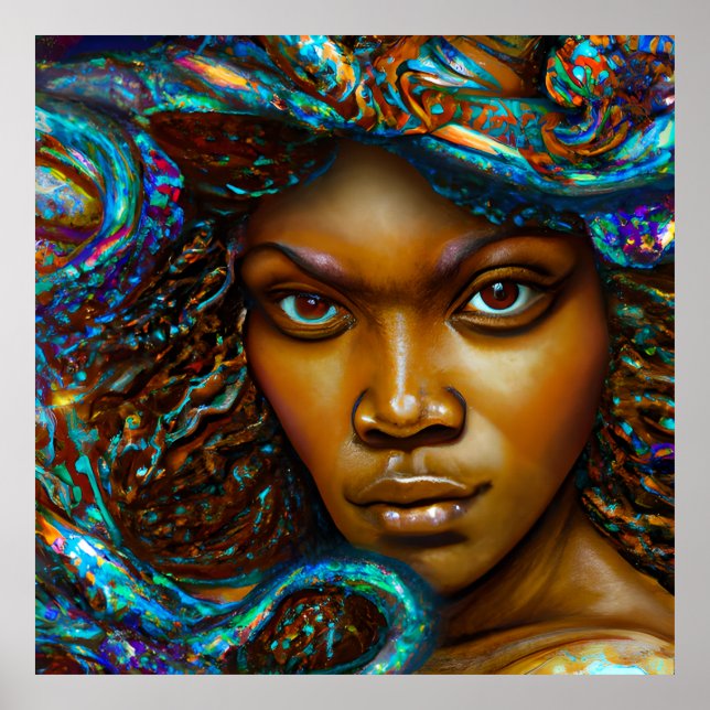 Póster Reina azul arcoiris lindo pelo negro melanina afri (Frente)