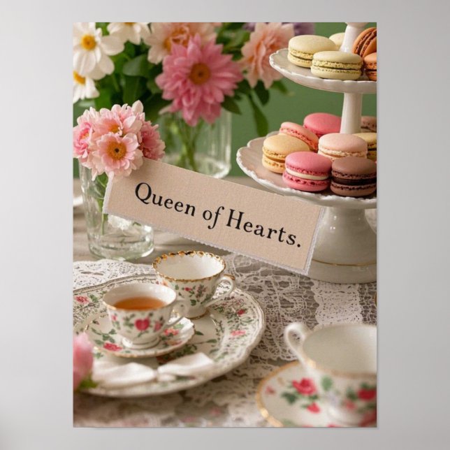 Póster reina de corazones de taza de té elegante floral (Frente)