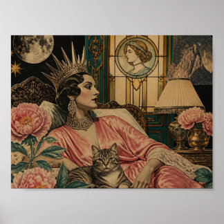 Póster Reina de Cuento de Hadas Retro y su Gato en la Cam