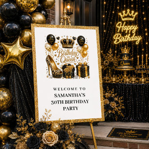 Póster Reina de cumpleaños Chic Black Gold Sparkle Bienve
