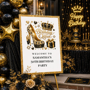 Póster Reina de cumpleaños de oro negro elegante Glitter 