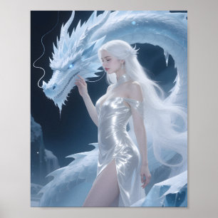 Póster Reina Dragón de Hielo Blanco Fantasía Plata Azul
