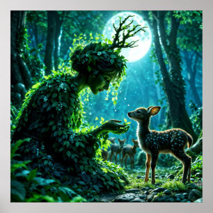 Póster Reina dríada del bosque encantado por la noche art