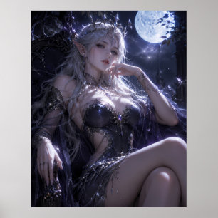Póster Reina Elfa Bajo la Luz de la Luna Fantasía Azul