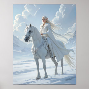 Póster Reina Elfa Cabalgando un Majestuoso Caballo Blanco