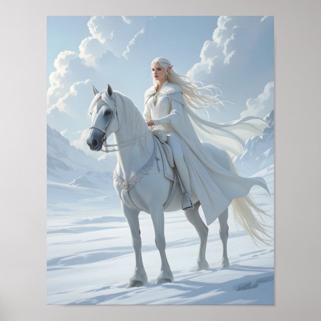 Póster Reina Elfa Cabalgando un Majestuoso Caballo Blanco (Frente)
