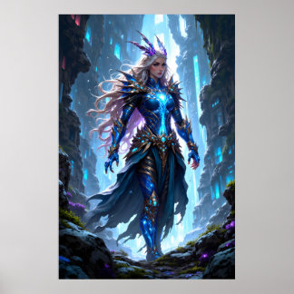 Póster reina guerrera de fantasía caminando a través de u