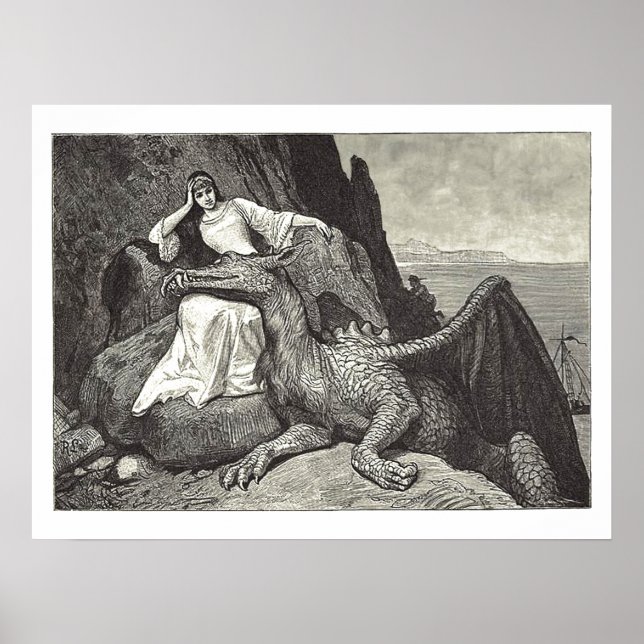Póster Reina medieval y dragón Mascota (Frente)