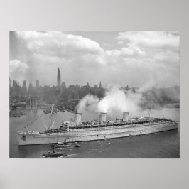 Póster Reina RMS Mary llega al puerto de Nueva York