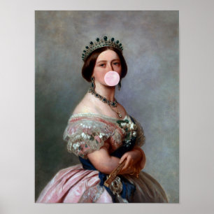 Póster Reina Victoria satén rosa soplando chicle rosa