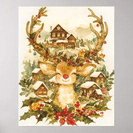 Póster Reindeer Christmas Vintage Watercolor painting