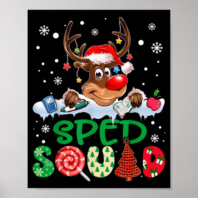 Póster Reindeer Santa Hat Sped Squad Teacher Funny Christ (Frente)