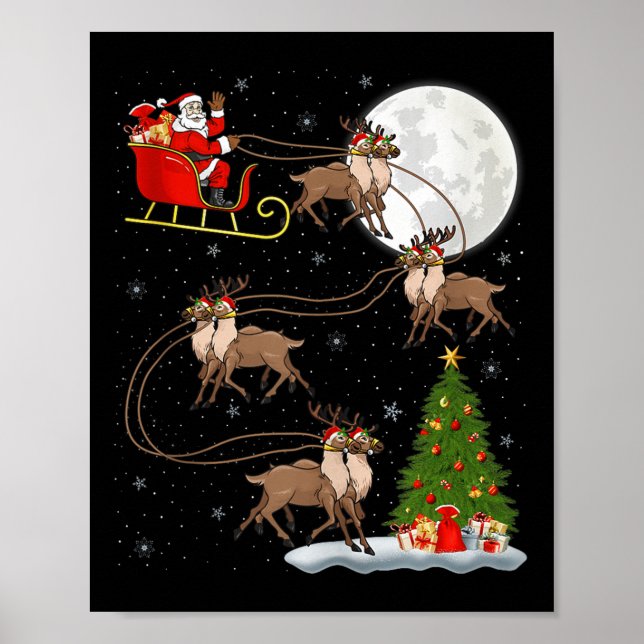 Póster Reindeer Santa Sleigh Flying Funny Magical Christm (Frente)