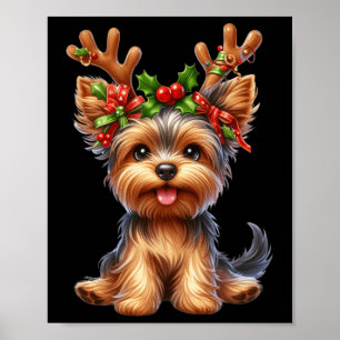 Póster Reindeer Terrier Santa Hat Xmas Luces C