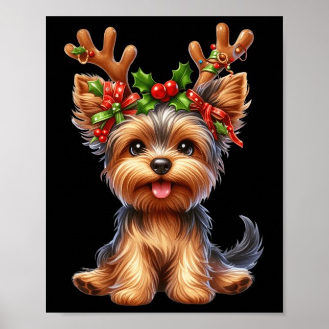 Póster Reindeer Terrier Santa Hat Xmas Luces C (Frente)