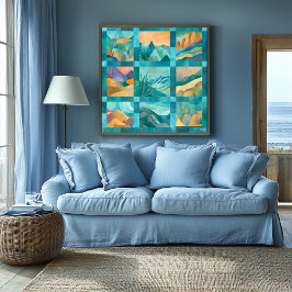 Póster Rejilla verde azulada de arte del desierto abstrac