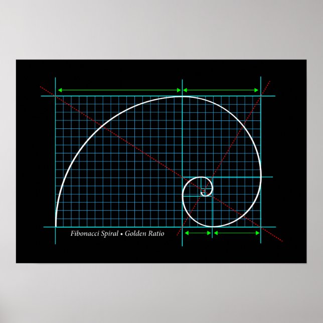 Póster Relación de oro, espiral fibonacci, dibujo de colo (Frente)