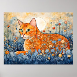 Póster Relajación de gato Naranja acuarela en flores