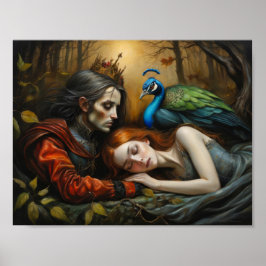 Póster Relato de belleza durmiente con pavo real y prínci
