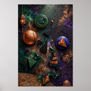 Póster Relieve de Geometría Cósmica Esmeralda - Cobre Vio