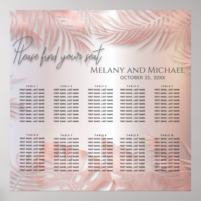 Póster Relieve metalizado Rosa oro hojas tropicales metál (Frente)