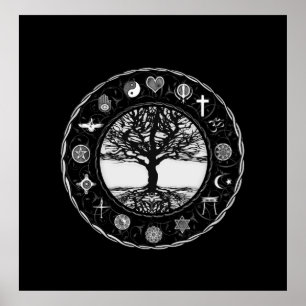 Póster Religiones mundiales Árbol blanco y negro
