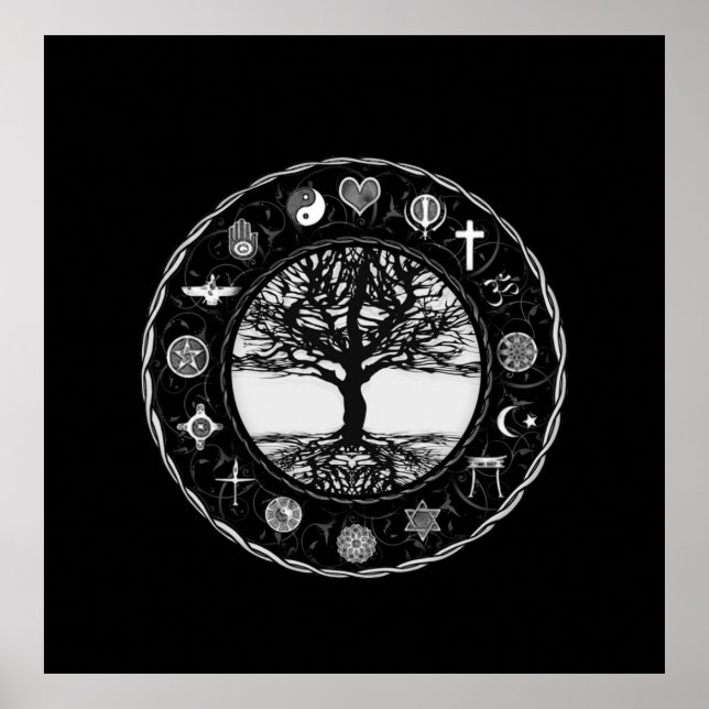Póster Religiones mundiales Árbol blanco y negro (Frente)
