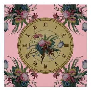 Póster Reloj Antiguo con Flores