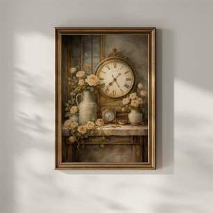 Póster Reloj Antiguo y Rosas