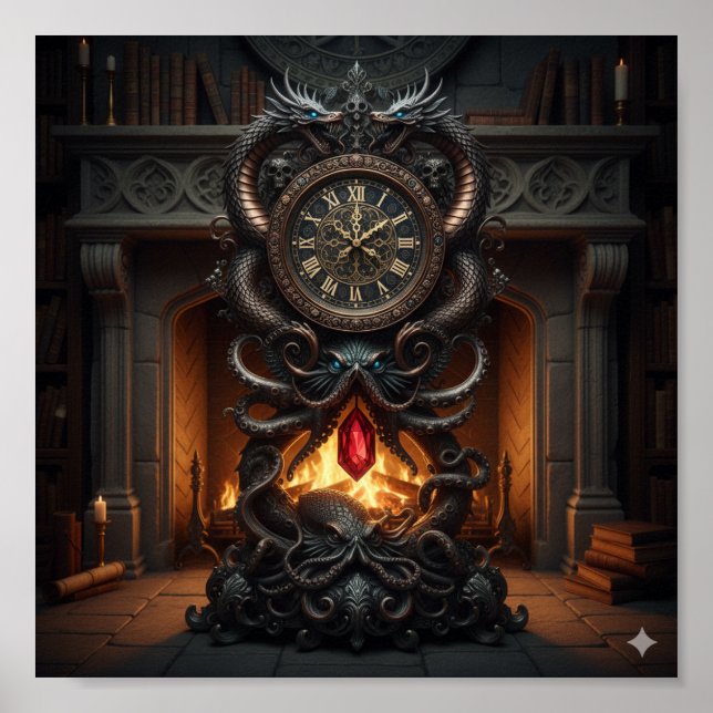 Póster Reloj de abuelo de origen - Diseño de dragón y pul (Frente)