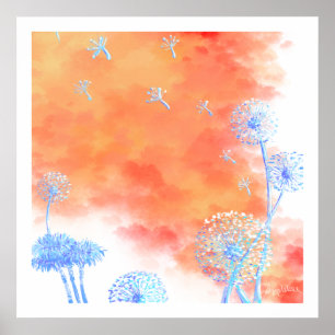Póster Reloj de dandelion contra las nubes naranjas de co