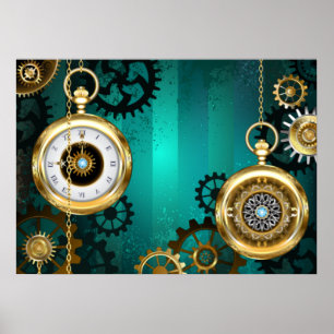 Póster Reloj de joyería Steampunk sobre un fondo verde